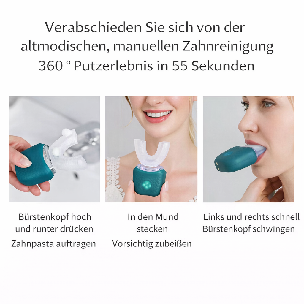 360° Automatische Ultraschall-Zahnbürste – Elektrische U-Zahnbürste mit Silikon-Mundstück & LED-Modi