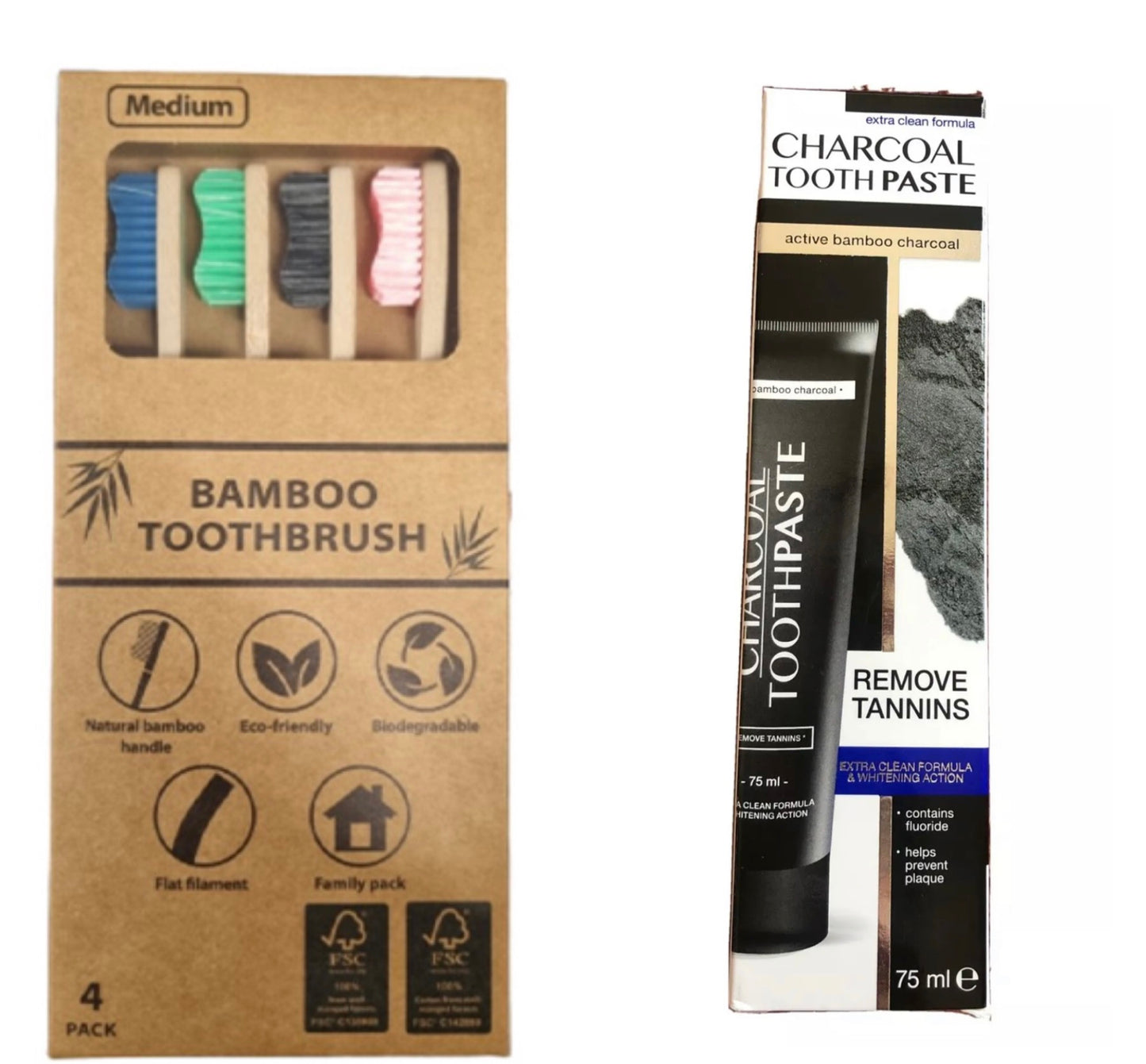 Charcoal Tooth Paste - Zahnpasta mit Aktivkohle 75ml + 4x Zahnbürste