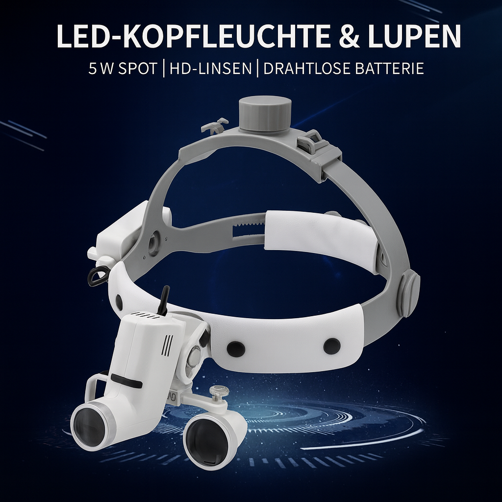 Dental LED Kopflicht mit 2,5X/3,5X Lupen – Einstellbare Spot-Lichtquelle, 5W LED, ergonomisches Kopfband, medizinische Vergrößerung