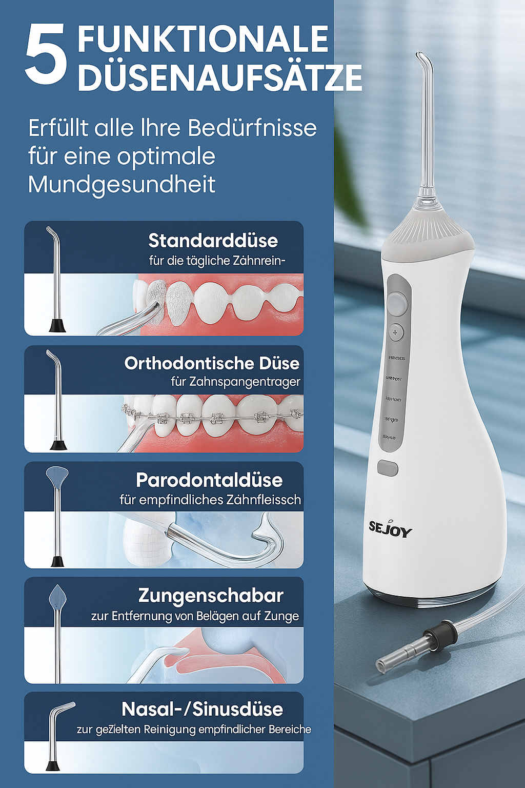 SEJOY® Professionelle Munddusche – 6 Düsen, 5 Reinigungsmodi, 230ml Wassertank, IPX7 wasserdicht – Zahnpflege für Zuhause & unterwegs