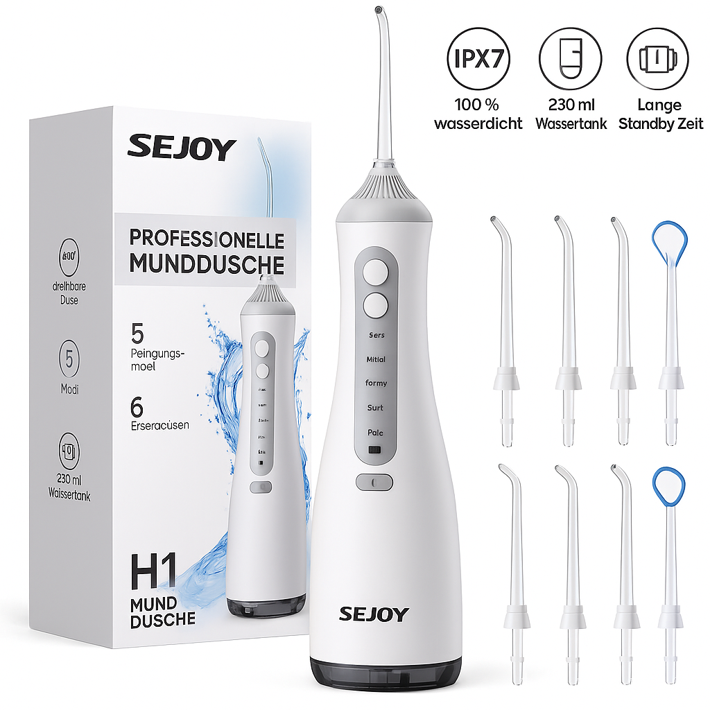 SEJOY® Professionelle Munddusche – 6 Düsen, 5 Reinigungsmodi, 230ml Wassertank, IPX7 wasserdicht – Zahnpflege für Zuhause & unterwegs