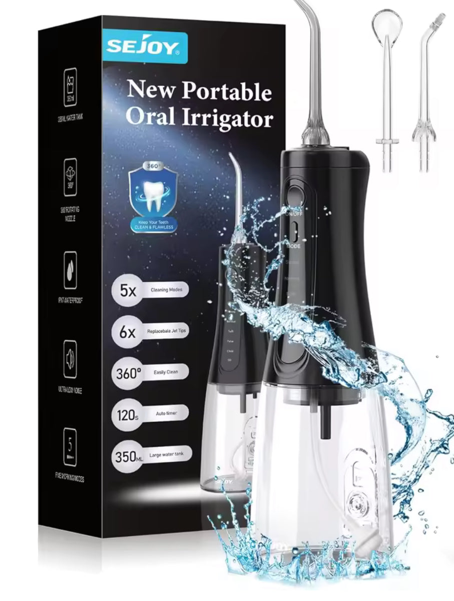 SEJOY® Professionelle Munddusche – 6 Düsen, 5 Reinigungsmodi, 230ml Wassertank, IPX7 wasserdicht – Zahnpflege für Zuhause & unterwegs