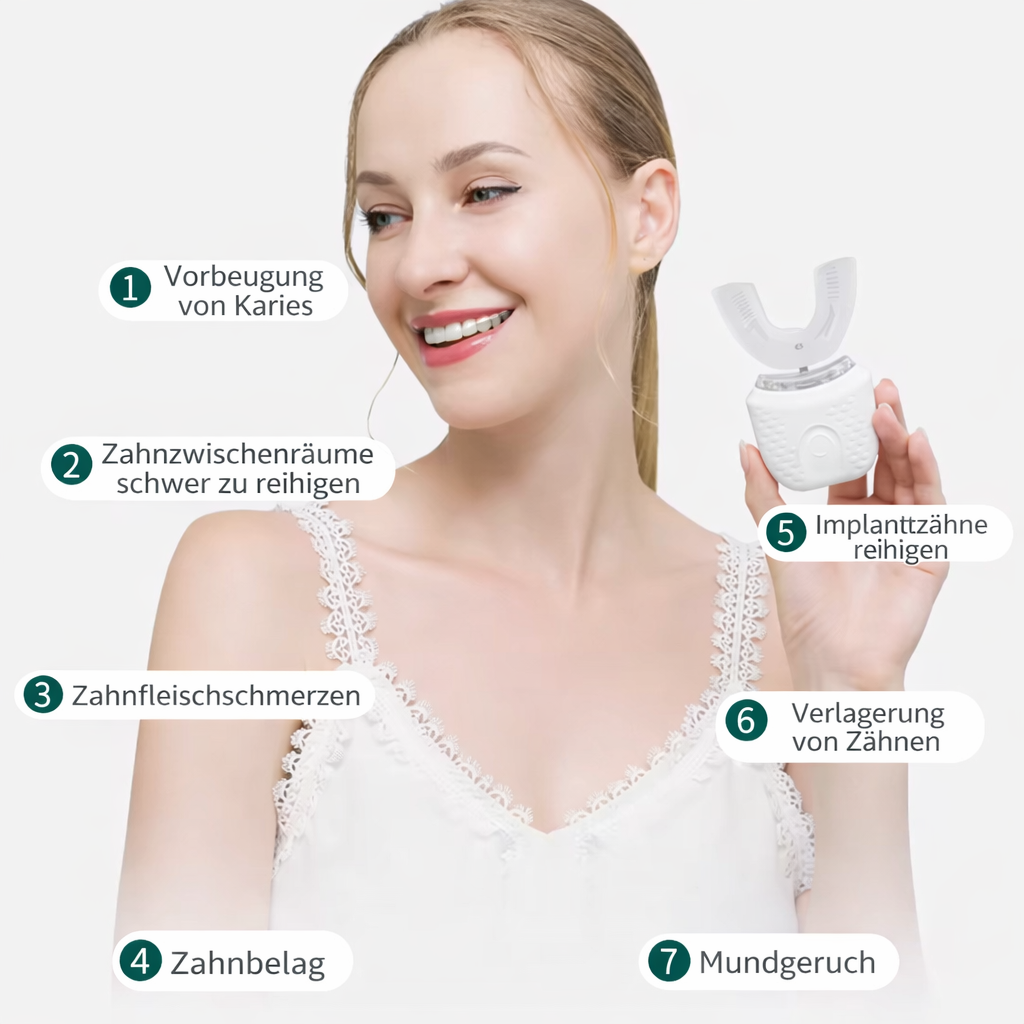 360° Automatische Ultraschall-Zahnbürste – Elektrische U-Zahnbürste mit Silikon-Mundstück & LED-Modi