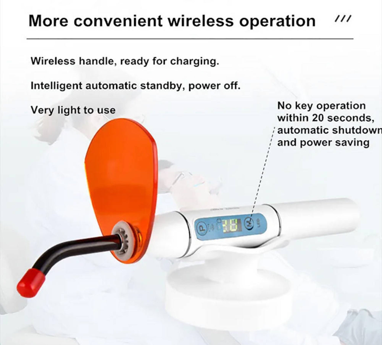 Kabellose Dental-Polymerisationslampe „EliJah Pro“ – LED-Lichthärtungsgerät für Zahnärzte | 1200–2000 mW/cm² | 420–480 nm | Lithium-Ionen-Akku