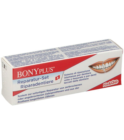 BONYplus Reparatur-Set für Zahnprothesen – Sofortreparatur für gebrochene Prothesen & herausgebrochene Zähne | Fix & Go