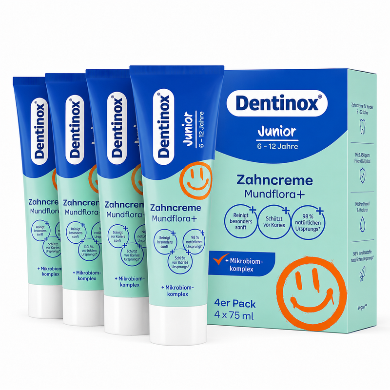 Dentinox Zahncreme Mundflora+ Junior 6–12 Jahre – 4er Pack, 4 × 75 ml