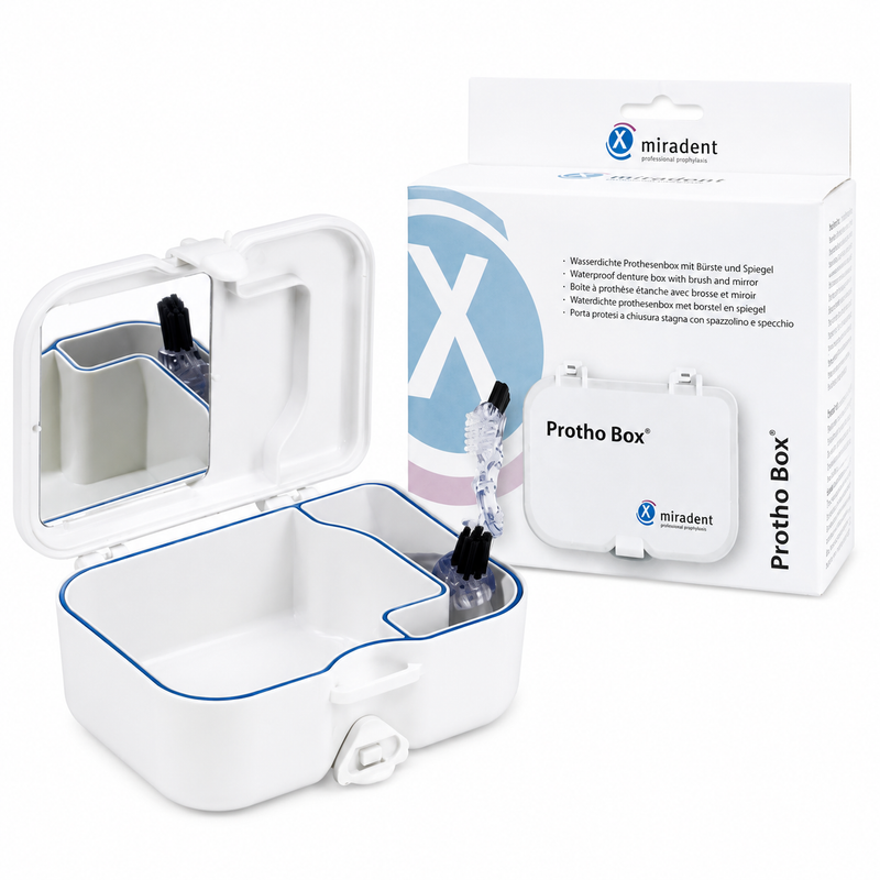 miradent Protho Box® – Prothesen-Aufbewahrungsbox mit Bürste & Spiegel