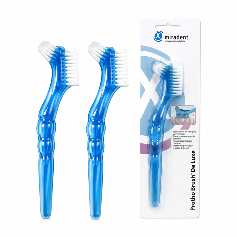 miradent Protho Brush® De Luxe Prothesenzahnbürste Blau – 2er Pack