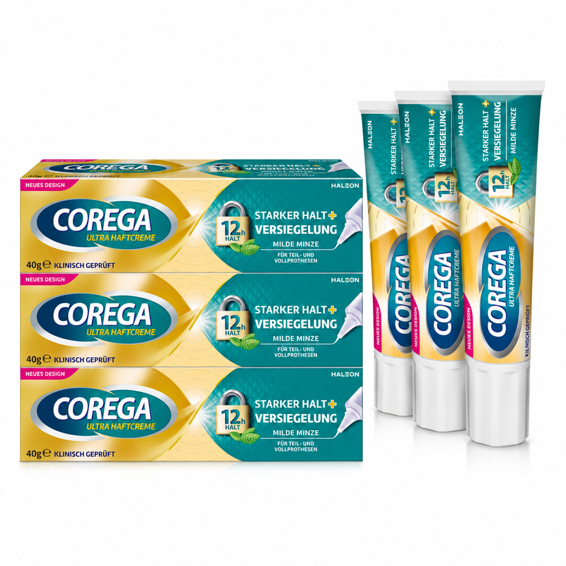 Corega Ultra Haftcreme Starker Halt + Versiegelung – 3er-Pack, 3 × 40 g