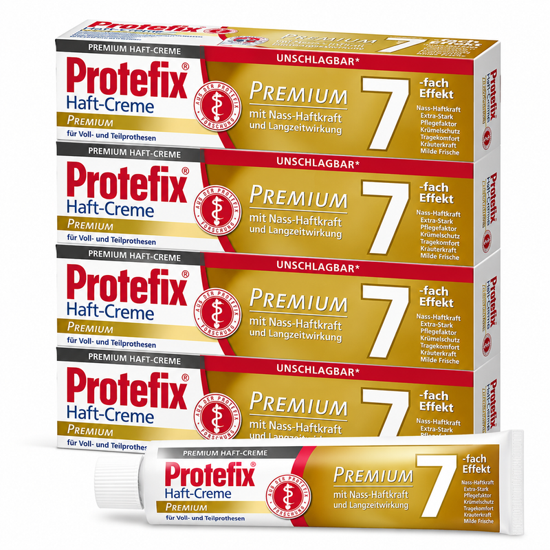 Protefix Premium Haft-Creme 4er-Pack – 4 × 47 g | 7-fach Effekt für Voll- & Teilprothesen