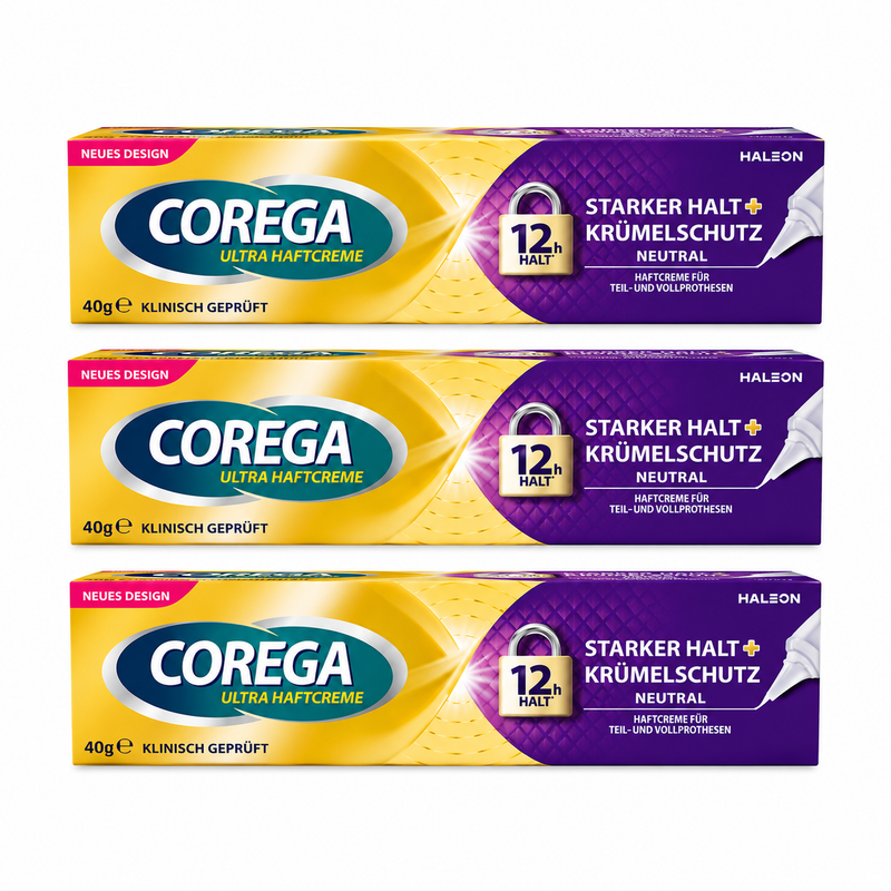 Corega Ultra Haftcreme Starker Halt + Krümelschutz – 3 × 40 g Dreierpack