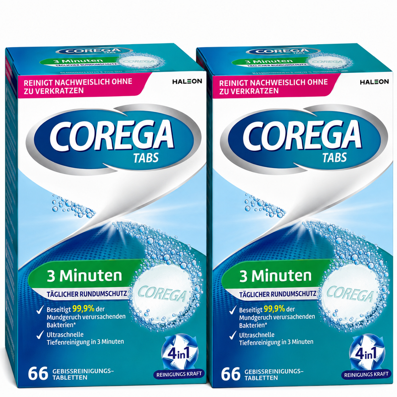 Corega TABS 3 Minuten – Doppelpack 2 × 66 Reinigungstabletten für Zahnersatz