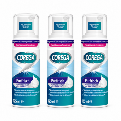 Corega Purfrisch Reinigungsschaum 3er-Pack – 3 × 125 ml für Zahnersatz