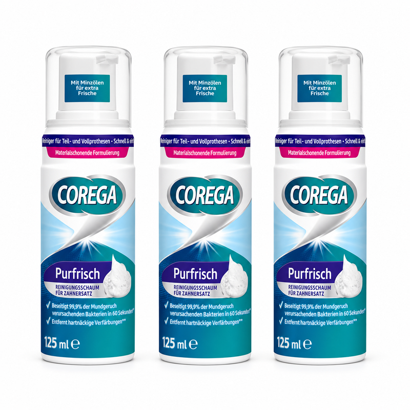 Corega Purfrisch Reinigungsschaum 3er-Pack – 3 × 125 ml für Zahnersatz