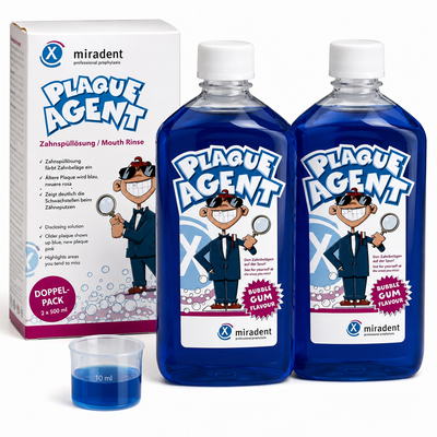 miradent Plaque Agent Zahnspüllösung Doppelpack 2 × 500 ml – Plaquekontrolle mit Zweifärbung