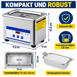 Ultraschallreiniger – Maße, Edelstahl 304 und Reinigungskorb