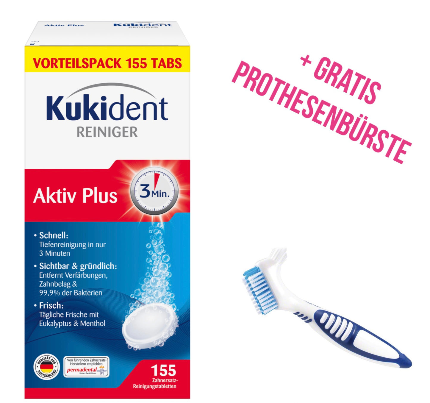 Kukident Gebissreiniger Tabs Aktiv Plus, 155 St + Gratis Prothesenbürste