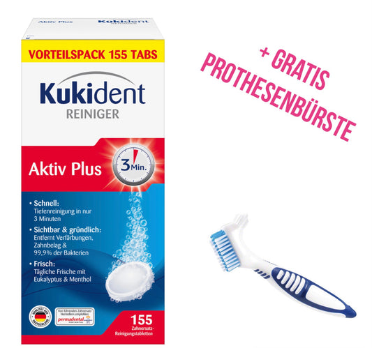 Kukident Gebissreiniger Tabs Aktiv Plus, 155 St + Gratis Prothesenbürste